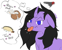 Size: 1280x1024 | Tagged: safe, artist:umbraamethyst, oc, oc only, oc:umbra amethyst, pony, unicorn, colored sketch, curved horn, female, flat colors, food, grumpy, horn, jealous, panera bread, ponysona, sketch, solo, soup, taco, taco bell, thought bubble, tongue out
