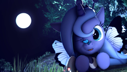 Size: 3840x2159 | Tagged: safe, artist:ashura924, princess luna, alicorn, butterfly, pony, g4, 3d, cute, female, filly, full moon, grass, high res, insect on nose, looking at something, lunabetes, mare, moon, night, one eye closed, solo, source filmmaker, woona, younger