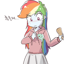 Size: 1024x1000 | Tagged: safe, artist:haden-2375, rainbow dash, equestria girls, g4, clothes, crying, cute, dropped ice cream, female, food, hoodie, ice cream, ice cream cone, korean, moe, sad, simple background, skirt, solo, sweater, translated in the comments, white background