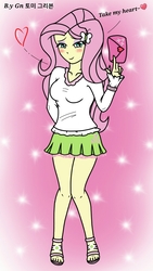 Size: 720x1280 | Tagged: safe, artist:ajrrhvk12, fluttershy, equestria girls, g4, blushing, clothes, cute, dialogue, envelope, female, high heels, legs, looking at you, miniskirt, shoes, shyabetes, skirt, smiling, solo