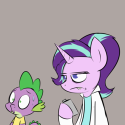 Size: 1500x1500 | Tagged: safe, artist:pandramodo, spike, starlight glimmer, dragon, pony, unicorn, g4, alcohol, clothes, coat, confused, cosplay, costume, crossover, drunk, drunklight glimmer, duo, female, flask, frown, gray background, lab coat, lidded eyes, liquor, male, mare, morty smith, rick and morty, rick sanchez, salivating, simple background, starlight glimmer is not amused, sweat, sweatdrop, unamused, worried, yellow shirt