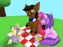 Size: 1024x768 | Tagged: safe, artist:usagi-zakura, amethyst star, dinky hooves, sparkler, pony, g4, banana, custard, equestria's best father, father and child, father and daughter, female, food, male, peanut butter, picnic, ponified, stallion, that pony sure loves peanut butter