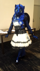 Size: 2322x4128 | Tagged: safe, artist:bramble bunny, princess luna, anthro, g4, babscon, clothes, convention, cosplay, costume, fursuit, high res, irl, kigurumi, photo, picture, ponysuit, solo