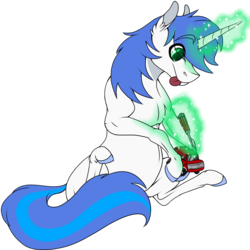 Size: 945x945 | Tagged: safe, artist:bijutsuyoukai, oc, oc only, oc:shifting gears, pony, unicorn, magic, male, screwdriver, simple background, solo, stallion, tongue out, toy car, transparent background