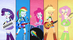 Size: 1280x714 | Tagged: safe, screencap, applejack, fluttershy, pinkie pie, rainbow dash, rarity, equestria girls, g4, my little pony equestria girls: rainbow rocks, bass guitar, better than ever, boots, bracelet, clothes, compression shorts, cowboy boots, cowboy hat, denim skirt, drum kit, drums, electric guitar, eyes closed, female, freckles, guitar, hat, keytar, logo, microphone, musical instrument, open mouth, playing, singing, skirt, socks, stetson, tambourine, wristband