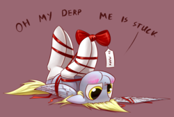 Size: 1748x1181 | Tagged: safe, artist:underpable, derpy hooves, pegasus, pony, g4, blushing, bow, clothes, cute, derpabetes, female, gift wrapped, on back, puffy cheeks, ribbon, simple background, socks, solo, stuck, tangled up, upside down