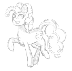 Size: 1259x1237 | Tagged: safe, artist:kittykatty123, pinkie pie, earth pony, pony, g4, chest fluff, female, happy, mare, monochrome, open mouth, raised hoof, raised leg, sketch, smiling, solo, walking