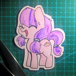 Size: 1024x1024 | Tagged: safe, artist:squishycuddle, lily longsocks, earth pony, pony, g4, adorasocks, background pony, craft, cute, eyes closed, female, filly, handmade, happy, lilydorable, magnet, mare, open mouth, smiling, solo