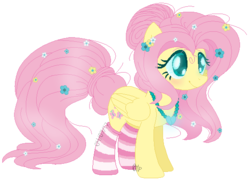 Size: 552x399 | Tagged: safe, artist:wishing-well-artist, fluttershy, pony, g4, base used, clothes, female, flower, flower in hair, flower in tail, jewelry, necklace, simple background, socks, solo, striped socks, transparent background