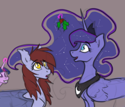 Size: 1280x1095 | Tagged: safe, artist:forbidden-solu, princess luna, oc, oc:fickle dissonance, alicorn, bat pony, pony, g4, :o, colored sketch, eyes on the prize, fangs, female, gray background, grin, holly, holly mistaken for mistletoe, implied canon x oc, implied lesbian, implied shipping, levitation, looking up, magic, mare, open mouth, raised eyebrow, shipper on deck, simple background, smiling, squee, surprised, telekinesis