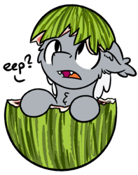 Size: 1395x1773 | Tagged: safe, artist:moemneop, oc, oc only, bat pony, pony, cheek fluff, chest fluff, cute, dialogue, ear fluff, eeee, eep, fangs, floppy ears, food, frown, leaning, looking up, open mouth, simple background, solo, transparent background, watermelon
