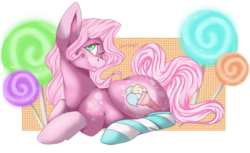 Size: 1024x627 | Tagged: safe, artist:xstarshellx, oc, oc only, earth pony, pony, candy, clothes, female, food, lollipop, mare, prone, socks, solo, striped socks