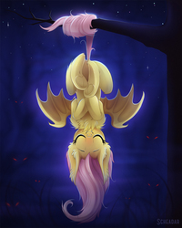 Size: 800x1000 | Tagged: safe, artist:scheadar, fluttershy, bat pony, pony, g4, blushing, chest fluff, cute, ear fluff, eyes closed, fangs, female, flutterbat, hanging, mare, night, prehensile tail, race swap, shyabates, shyabetes, smiling, solo, spread wings, suspended, tail wrap, tree, tree branch, underhoof, upside down, wings