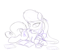 Size: 1280x1067 | Tagged: safe, artist:bugplayer, octavia melody, earth pony, pony, g4, clothes, earbuds, female, food, hoodie, magazine, mare, monochrome, prone, reading, sketch, solo, tea