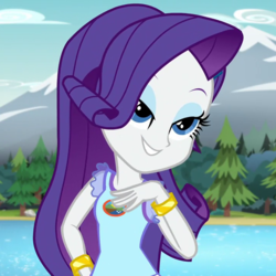 Size: 720x720 | Tagged: safe, screencap, rarity, equestria girls, g4, my little pony equestria girls: legend of everfree, bracelet, camp everfree outfits, cropped, female, hand on hip, jewelry, lidded eyes, mountain, river, solo, tree