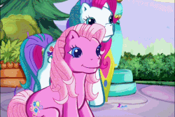 Size: 720x480 | Tagged: safe, screencap, bowtie (g3), pinkie pie (g3), rainbow dash (g3), pony, g3, the runaway rainbow, animated, female, gif