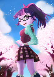 Size: 763x1080 | Tagged: safe, artist:the-park, sci-twi, twilight sparkle, human, equestria girls, g4, adorkable, clothes, cute, dork, female, glasses, looking back, meganekko, ponytail, sky, solo, standing, twiabetes