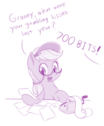 Size: 745x900 | Tagged: safe, artist:dstears, applejack, earth pony, pony, g4, calculator, dialogue, female, freckles, glasses, hat, hilarious in hindsight, horse taxes, implied granny smith, male, mare, monochrome, offscreen character, paper, pencil, simple background, simpsons did it, solo, taxes, the simpsons