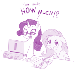 Size: 900x866 | Tagged: safe, artist:dstears, fluttershy, rarity, pegasus, pony, unicorn, g4, blushing, computer, dialogue, duo, embarrassed, female, floppy ears, folder, glasses, grin, horse taxes, keyboard, looking at something, looking away, mare, monitor, monochrome, open mouth, paper, rich, shocked, simple background, smiling, squee, surprised, taxes, white background, wide eyes