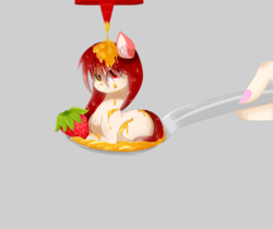Size: 1024x860 | Tagged: safe, artist:php146, oc, oc only, oc:sora, earth pony, human, pony, eye clipping through hair, female, food, hand, horse spooning meme, looking at you, mare, meme, micro, ponies in food, saki, simple background, spoon, strawberry, tiny ponies, unamused