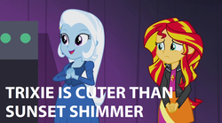 Size: 1280x714 | Tagged: safe, sunset shimmer, trixie, equestria girls, g4, my little pony equestria girls: rainbow rocks, image macro, meme, opinion