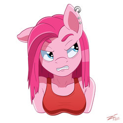 Size: 1000x1000 | Tagged: safe, artist:gehn94, pinkie pie, earth pony, anthro, g4, angry, breasts, clothes, ear piercing, fangs, female, mare, piercing, pinkamena diane pie, signature, simple background, solo, tank top, white background