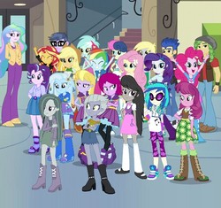 Size: 542x509 | Tagged: safe, edit, edited screencap, screencap, applejack, bon bon, cheerilee, derpy hooves, dj pon-3, flash sentry, fluttershy, fuchsia blush, lavender lace, limestone pie, lyra heartstrings, marble pie, microchips, octavia melody, pinkie pie, princess celestia, principal celestia, rainbow dash, rarity, sandalwood, starlight glimmer, sunset shimmer, sweetie drops, trixie, vinyl scratch, equestria girls, g4, my little pony equestria girls: friendship games, boots, bowtie, bracelet, clothes, cowboy boots, cropped, crossed arms, equestria girls-ified, eyes closed, flower, glasses, headphones, high heel boots, ipod, jacket, jewelry, lockers, mary janes, shoes, sneakers, socks, stairs, wristband