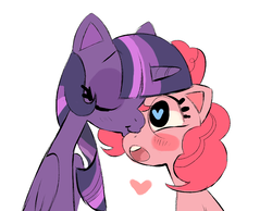 Size: 896x697 | Tagged: safe, artist:shacklefunk, pinkie pie, twilight sparkle, alicorn, earth pony, pony, g4, blushing, eyes closed, female, heart, heart eyes, kissing, lesbian, mare, ship:twinkie, shipping, simple background, smooch, twilight sparkle (alicorn), white background, wingding eyes