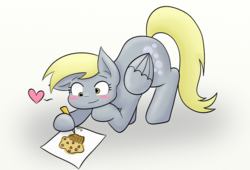 Size: 1006x686 | Tagged: safe, artist:mimicproductions, derpy hooves, pegasus, pony, g4, cute, derpabetes, drawing, face down ass up, female, heart, hoof hold, mare, muffin, simple background, solo, that pony sure does love muffins, white background