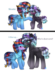 Size: 1024x1336 | Tagged: safe, artist:northlights8, oc, oc only, oc:brisk dawn, oc:tanzanite, pegasus, pony, blushing, colt, duo, female, filly, male, mare, offspring, parent:rainbow dash, parent:rarity, parent:soarin', parent:thunderlane, parents:rarilane, parents:soarindash, simple background, stallion, time skip, white background