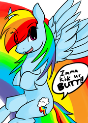 Size: 500x700 | Tagged: safe, artist:beefydiab0lique, rainbow dash, pegasus, pony, g4, female, open mouth, rainbow, solo, speech bubble, text