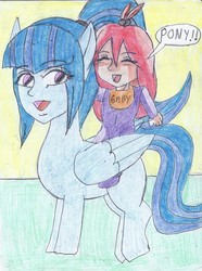Size: 1008x1356 | Tagged: safe, artist:carlos1976, sonata dusk, human, pegasus, pony, g4, child, dialogue, duo, female, human face, mare, riding, traditional art