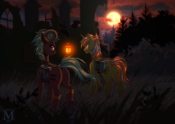 Size: 1500x1060 | Tagged: safe, artist:margony, oc, oc only, oc:lost dark soul, oc:traitor, demon pony, pony, unicorn, book, commission, duo, female, forest, lantern, looking back, male, mare, night, rear view, saddle bag, scenery, stallion, stars, tail wrap