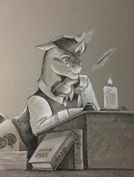 Size: 1100x1453 | Tagged: safe, artist:baron engel, oc, oc only, oc:spirited discource, oc:spirited discourse, pony, unicorn, candle, clothes, commission, fire, glasses, glowing, grayscale, magic, male, monochrome, pencil drawing, shirt, simple background, solo, stallion, traditional art, vest