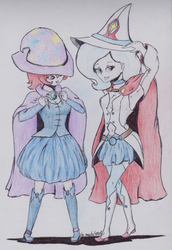 Size: 1450x2113 | Tagged: safe, artist:marta4708, trixie, equestria girls, g4, boots, cape, clothes, clothes swap, fall formal outfits, hat, high heel boots, little witch academia, shiny chariot, skirt, socks, thigh highs, traditional art, trixie's cape, trixie's hat