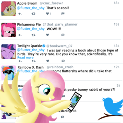 Size: 4000x4000 | Tagged: safe, artist:songbirdserenade, apple bloom, discord, fluttershy, pinkie pie, rainbow dash, rarity, twilight sparkle, bird, pony, g4, absurd resolution, cellphone, meta, phone, that pony sure does love animals, twitter