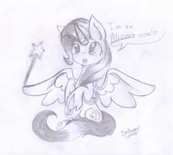 Size: 2255x2014 | Tagged: safe, artist:rainbowdash00, trixie, alicorn, pony, unicorn, g4, alicornified, dialogue, female, grayscale, heart, high res, jewelry, monochrome, race swap, regalia, sitting, smiling, solo, spread wings, traditional art, trixiecorn, wings