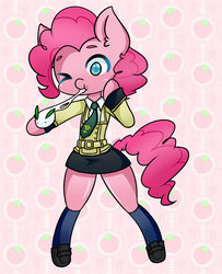 Size: 1024x1260 | Tagged: safe, artist:toxicniko, pinkie pie, semi-anthro, g4, clothes, code geass, cute, female, miniskirt, mochi, moe, necktie, one eye closed, shoes, skirt, socks, solo, thighs, wink