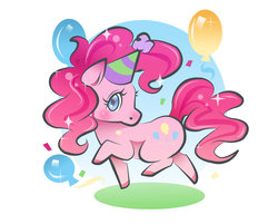 Size: 1600x1288 | Tagged: safe, artist:pokori, pinkie pie, pony, g4, balloon, chibi, colored hooves, female, hat, party hat, prancing, raised hoof, solo, sparkles, turned head