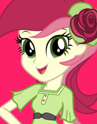 Size: 434x554 | Tagged: safe, roseluck, equestria girls, g4, official, bust, female, flower, flower in hair, looking at you, open mouth, red background, simple background, smiling, solo