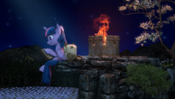 Size: 4000x2250 | Tagged: safe, artist:redaceofspades, owlowiscious, twilight sparkle, alicorn, pony, g4, 3d, book, cliff, fire, mountain, night, poster, reading, source filmmaker, tree, twilight sparkle (alicorn)