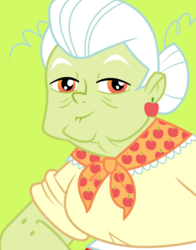 Size: 434x554 | Tagged: safe, granny smith, equestria girls, g4, official, bust, female, green background, looking at you, simple background, smiling, solo