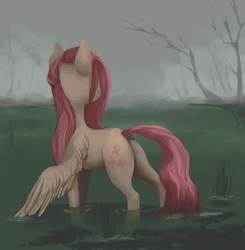 Size: 1500x1531 | Tagged: safe, artist:cobaltthecat, fluttershy, pegasus, pony, g4, butt, female, fog, looking away, mare, plot, solo, swamp, tree