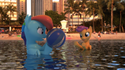 Size: 1920x1080 | Tagged: safe, artist:nein-skill, rainbow dash, scootaloo, human, g4, 3d, beach, beach ball, blender, building, female, irl, palm tree, photo, playing, ponies in real life, scootalove, siblings, sisters, swimming, tree