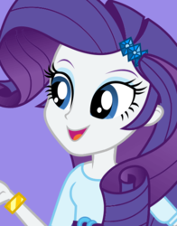 Size: 434x554 | Tagged: safe, rarity, equestria girls, g4, official, female, open mouth, purple background, simple background, smiling, solo