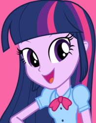 Size: 434x554 | Tagged: safe, twilight sparkle, equestria girls, g4, official, bust, female, open mouth, pink background, simple background, smiling, solo