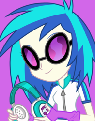 Size: 434x554 | Tagged: safe, dj pon-3, vinyl scratch, equestria girls, g4, official, female, headphones, purple background, simple background, smiling, solo