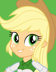 Size: 434x554 | Tagged: safe, applejack, equestria girls, g4, official, bust, female, green background, looking at you, simple background, smiling, solo