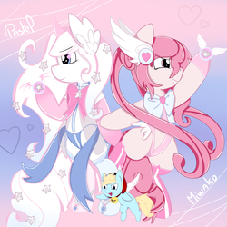 Size: 2000x2000 | Tagged: safe, artist:saralien, oc, oc only, oc:miwako, oc:pastel princess, alicorn, earth pony, pony, abstract background, bipedal, clothes, female, heart eyes, high res, magical girl, mare, profile, socks, thigh highs, trio, wingding eyes