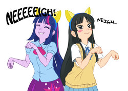 Size: 842x595 | Tagged: safe, artist:m.y., twilight sparkle, equestria girls, g4, akiyama mio, blush sticker, blushing, crossover, cute, embarrassed, eyes closed, grin, humans doing horse things, k-on, looking at you, neigh, pixiv, pony ears, silly, silly human, similarities, simple background, smiling, twiabetes, white background